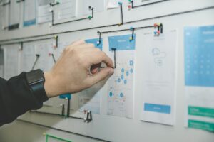 Main organisant un plan d’action sur tableau mural, illustrant la construction d’un plan QVCT en entreprise