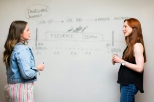 Deux personnes en discussion devant un tableau de feedback et de processus décisionnel