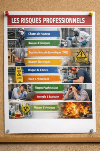 Affiche sur les risques professionnels dans un local de prévention, illustrant le rôle du CSE dans l’analyse des risques via le DUERP