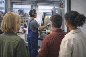 Trois personnes de dos observant un site industriel avec un plan à la main, illustrant un audit SST avant une reprise d’entreprise