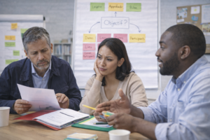 Personnes autour d’une table en réunion informelle, illustrant les difficultés possibles lors de l’organisation d’une formation CSE