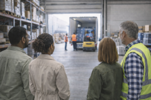 Équipe de direction observant une activité logistique lors d’une due diligence sociale pour analyser les risques SST