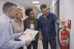 Équipe réalisant un audit santé sécurité du travail en identifiant une non-conformité liée aux équipements de sécurité