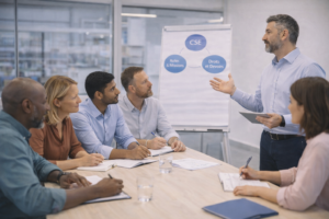 Formateur animant une formation CSE auprès d’un collectif d’élus sur leurs rôles et missions