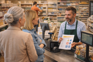 Employeur échangeant avec des repreneuses lors d’un audit SST sur les obligations de santé et sécurité au travail dans un commerce