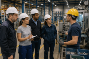 Élus du CSE réalisant une visite de terrain en atelier industriel pour observer le travail réel et échanger avec les salariés après une formation CSE