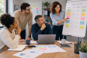 Élus du CSE réunis autour d'un tableau de suivi pour construire un plan d'action, répartir les responsabilités et planifier les actions du mandat après une formation CSE.